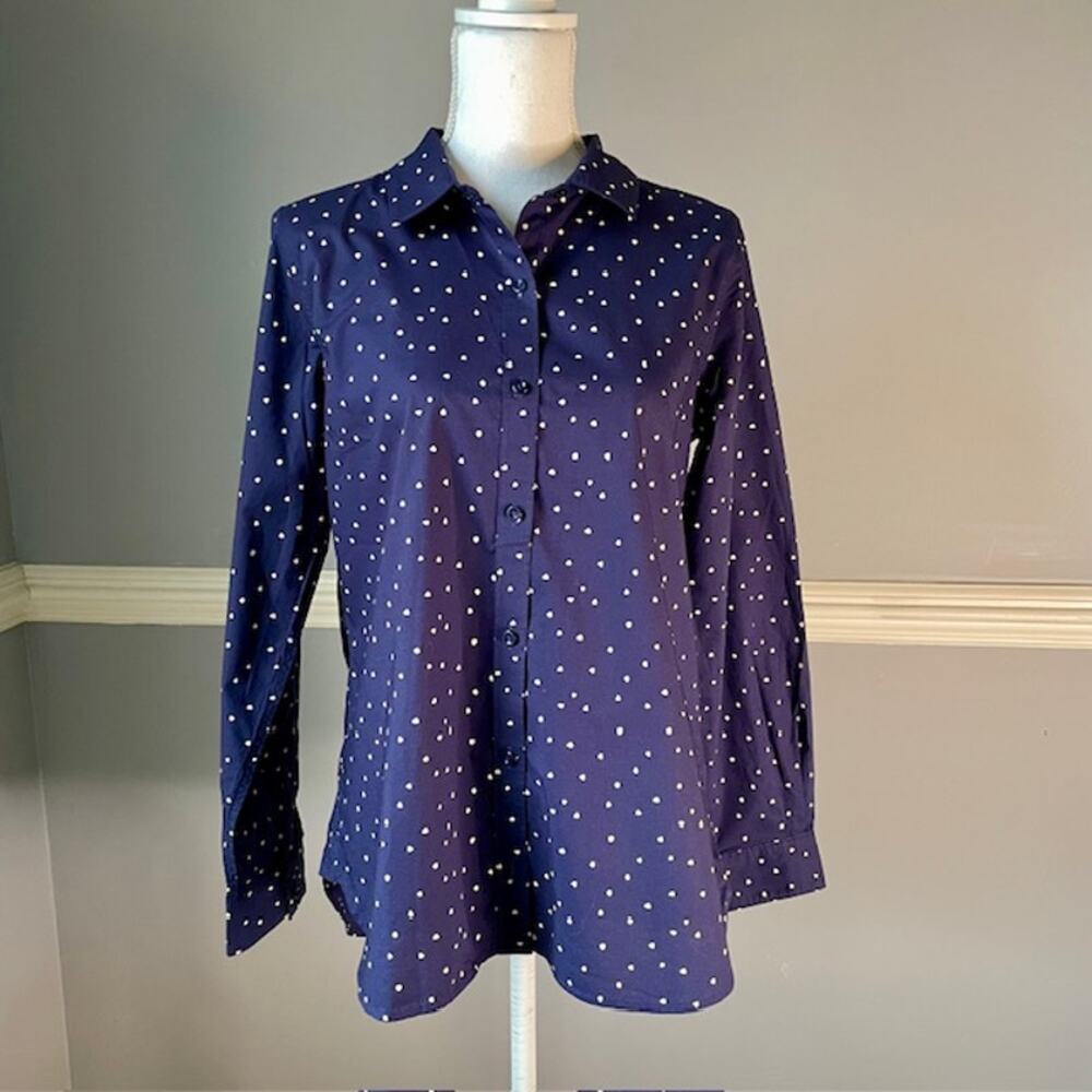 Garnet Hill Organic Pima Cotton Polka Dot Blouse Navy Size 8 Soft Girl Preppy